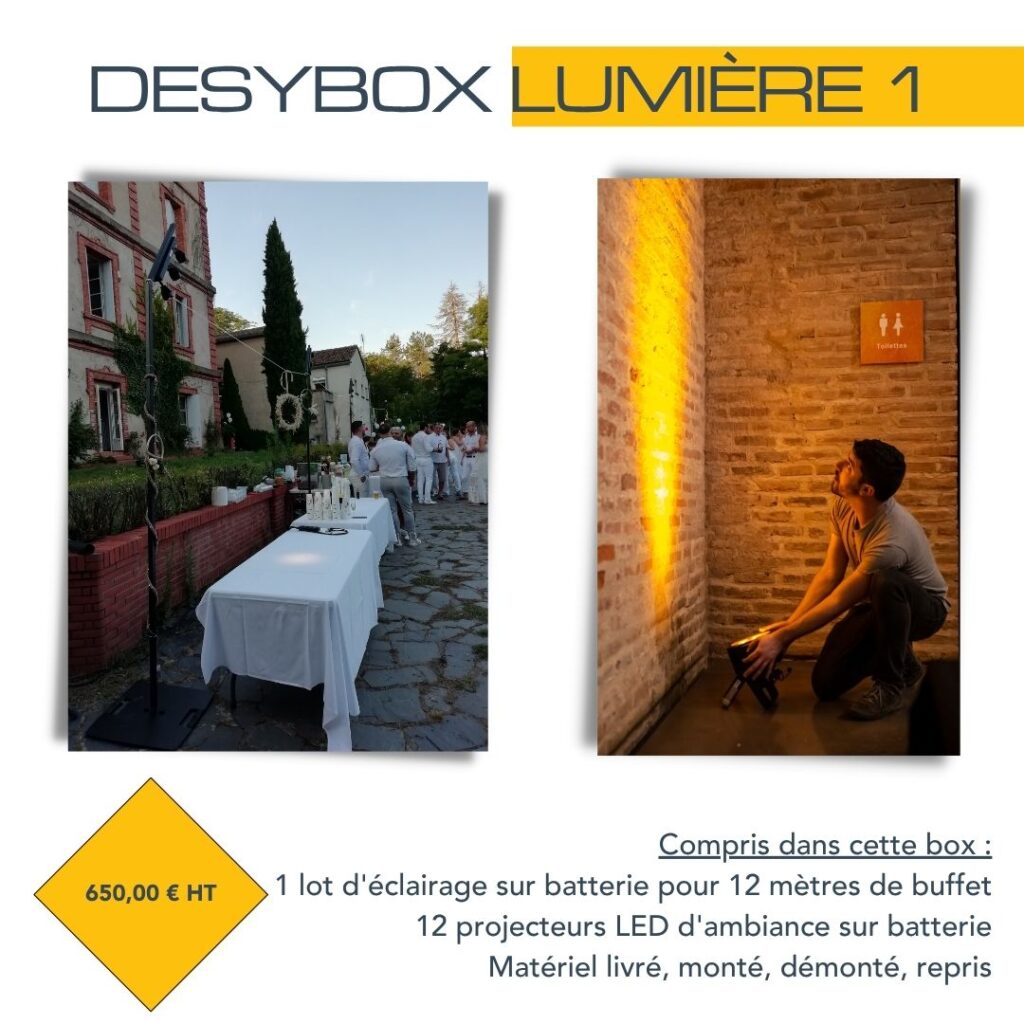 Kit lumière DesyBox Traiteur installé sur un buffet avec projecteurs LED, éclairage autonome sans fil